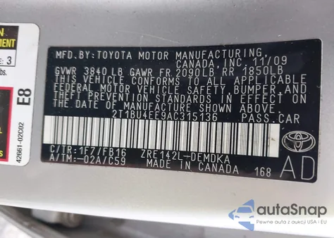 2010 Toyota Corolla z USA, uszkodzony, nr VIN 2T1BU4EE9AC315136